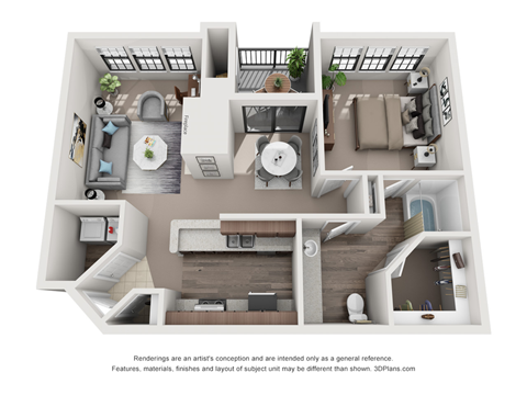 Floor plan for 1 bed, 1 bath, 851 sqft
